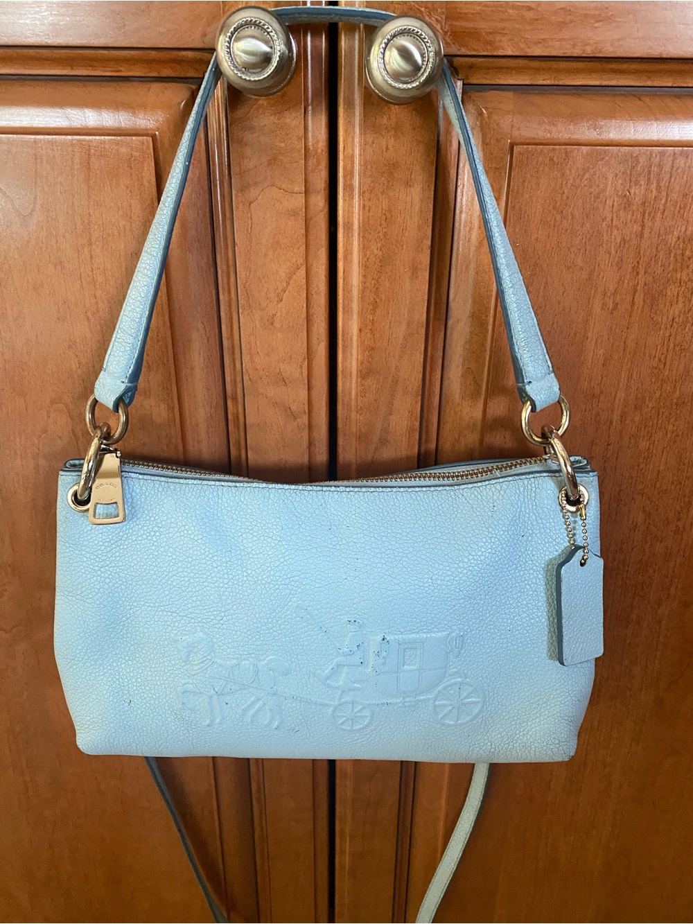 Coach Pale Blue Leather Shoulder Bag with Embossed Carriage